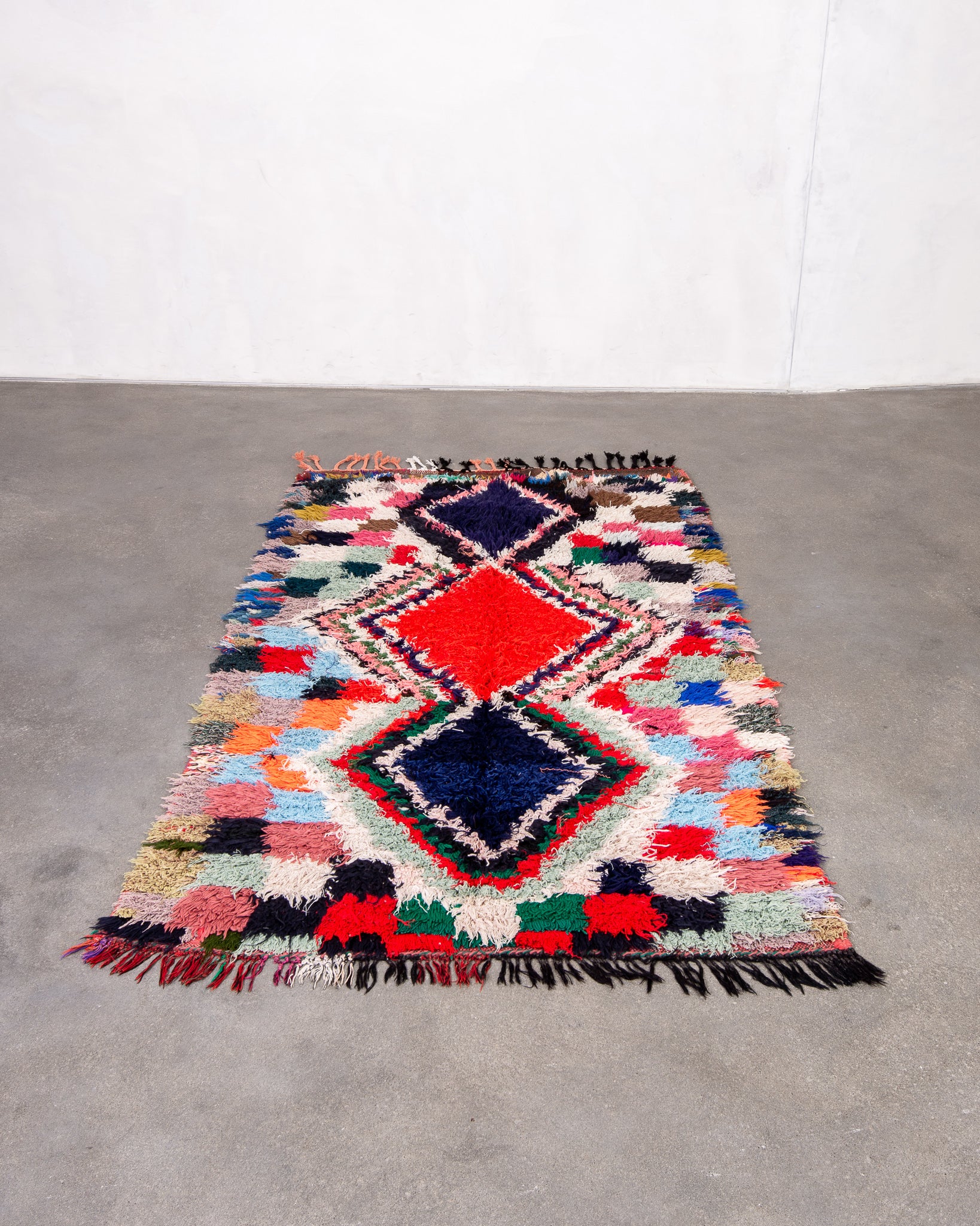 Modern designer handcrafted Berber rug from morocco Boucherouite with beautiful colors and patterns